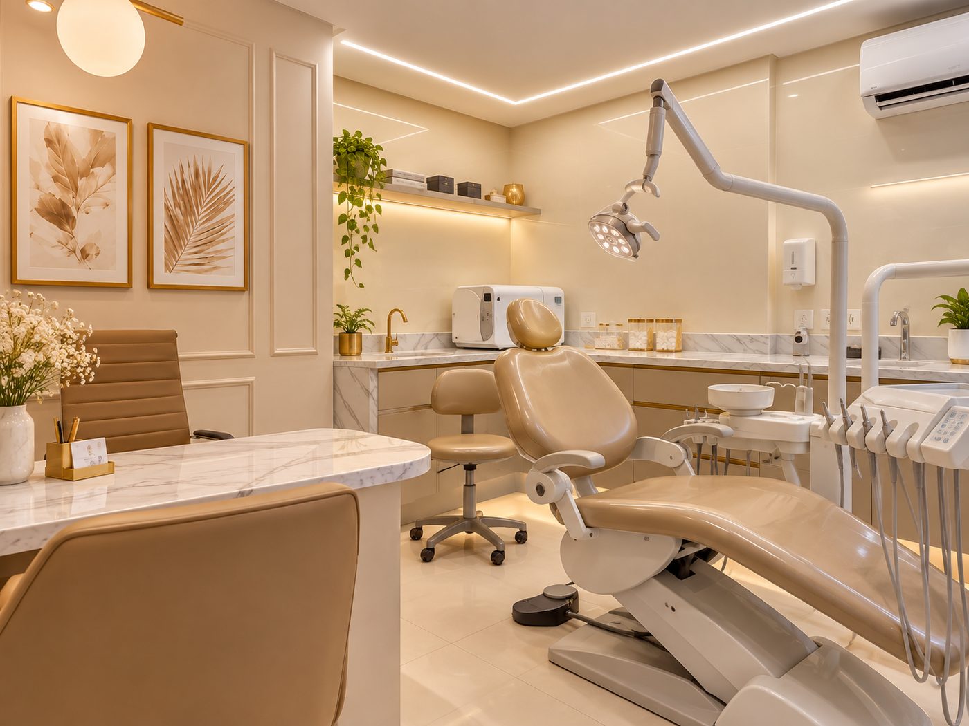 Consultório com cadeira odontológica bege, bancada de mármore e iluminação quente