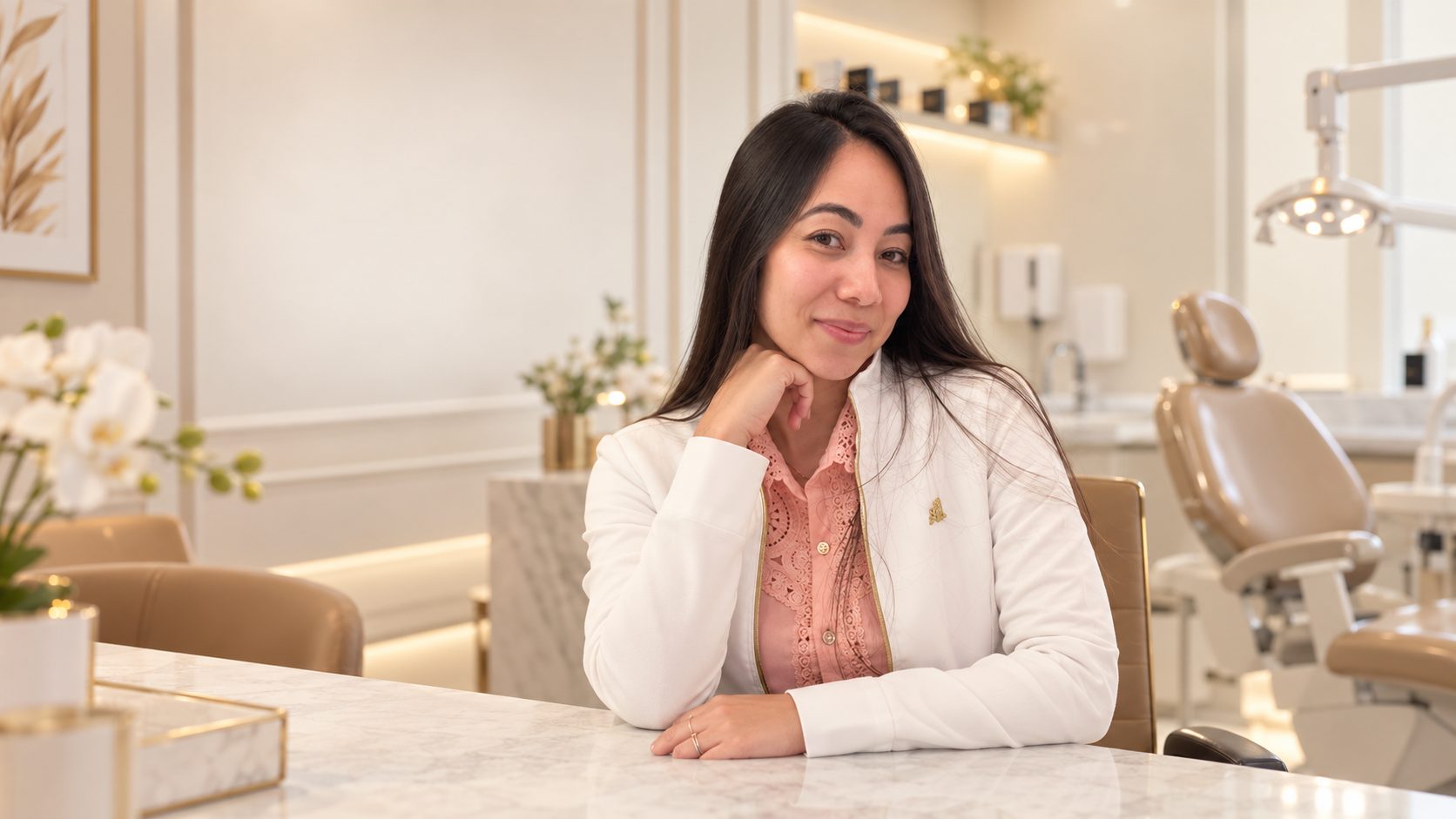 Dra. Mariana Takatsu no consultório, em bancada de mármore